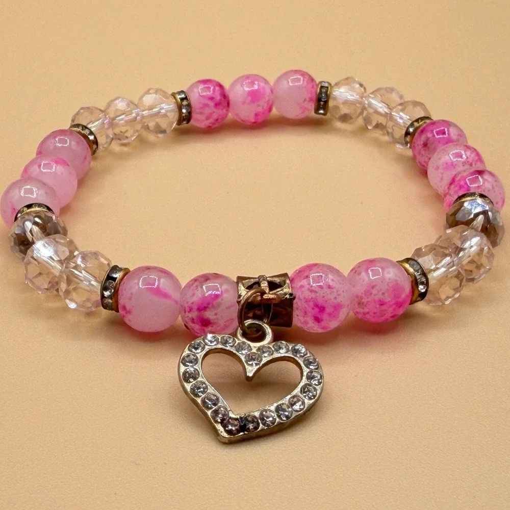 Pink Crystal Beaded Heart Charm Stretch Bracelet Romantic Coquette Statement